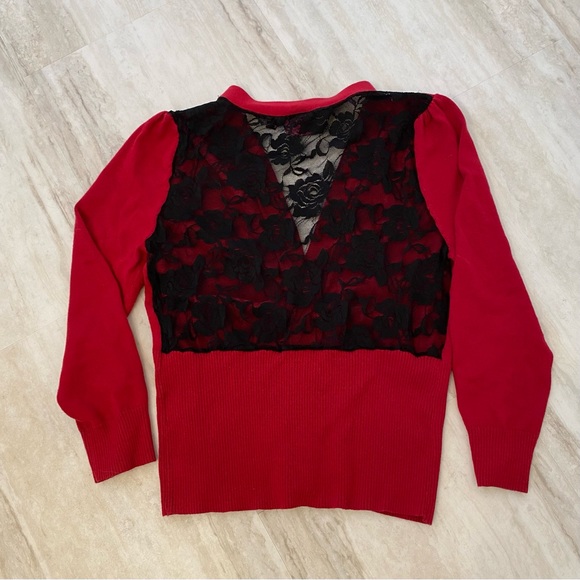 Take Out Dark Red Lace Back Cardigan Button Sweater for Valentine's Day Date - Picture 1 of 5